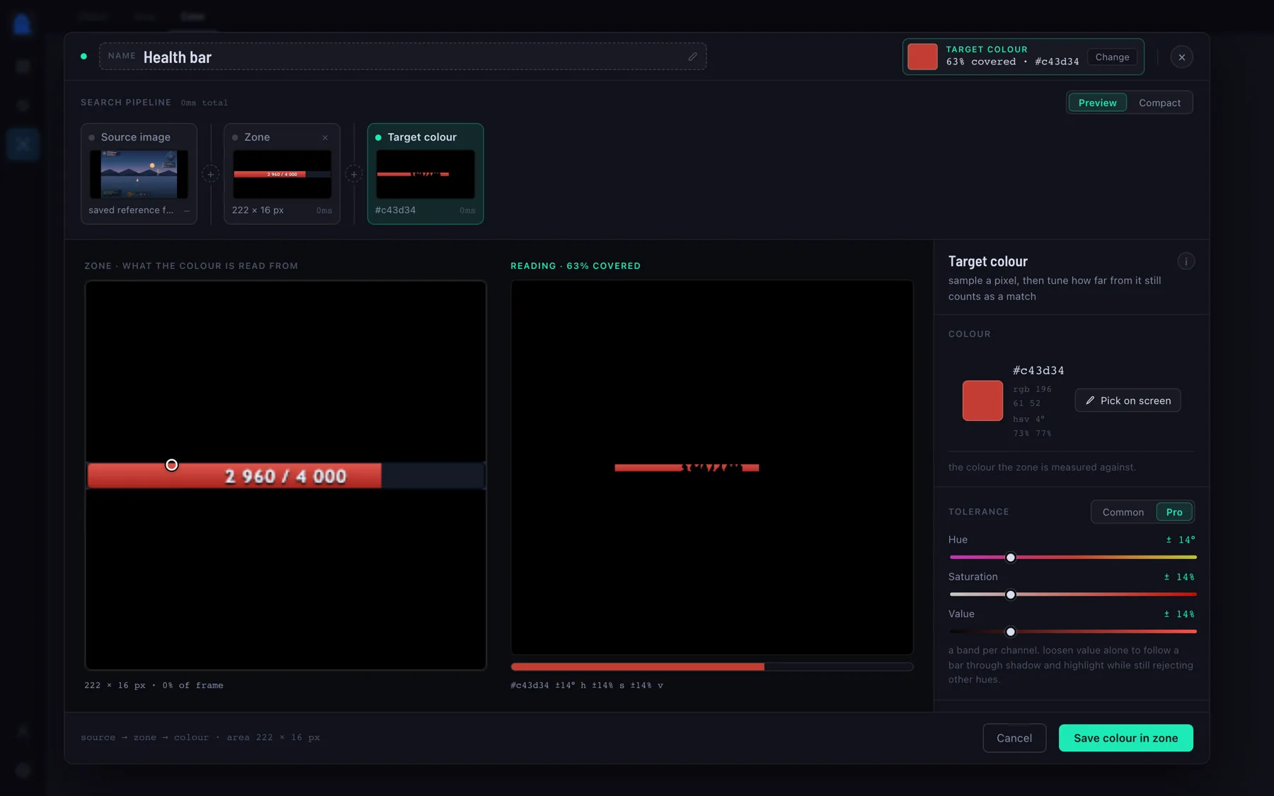 The colour editor showing a sampled bar colour and the matched pixels