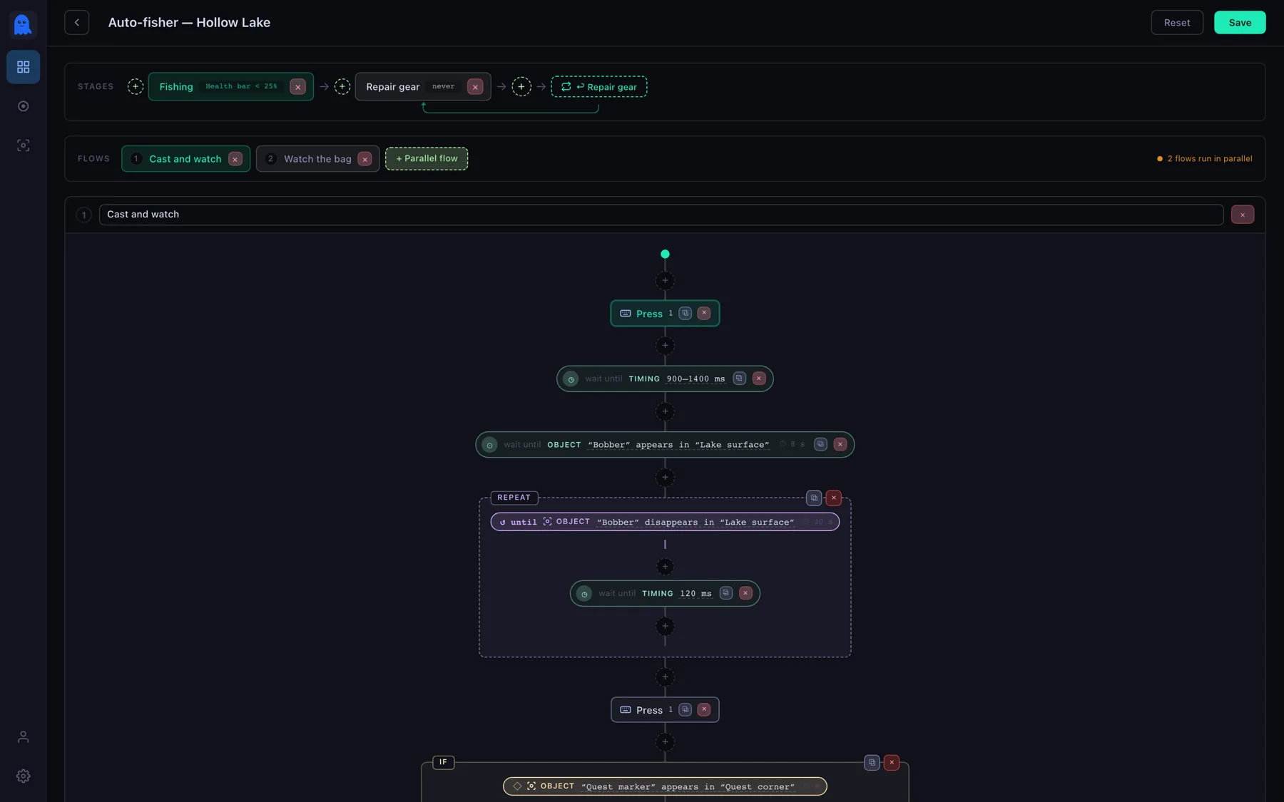 The Polter Click macro editor showing stages, parallel flows and a chain of nodes