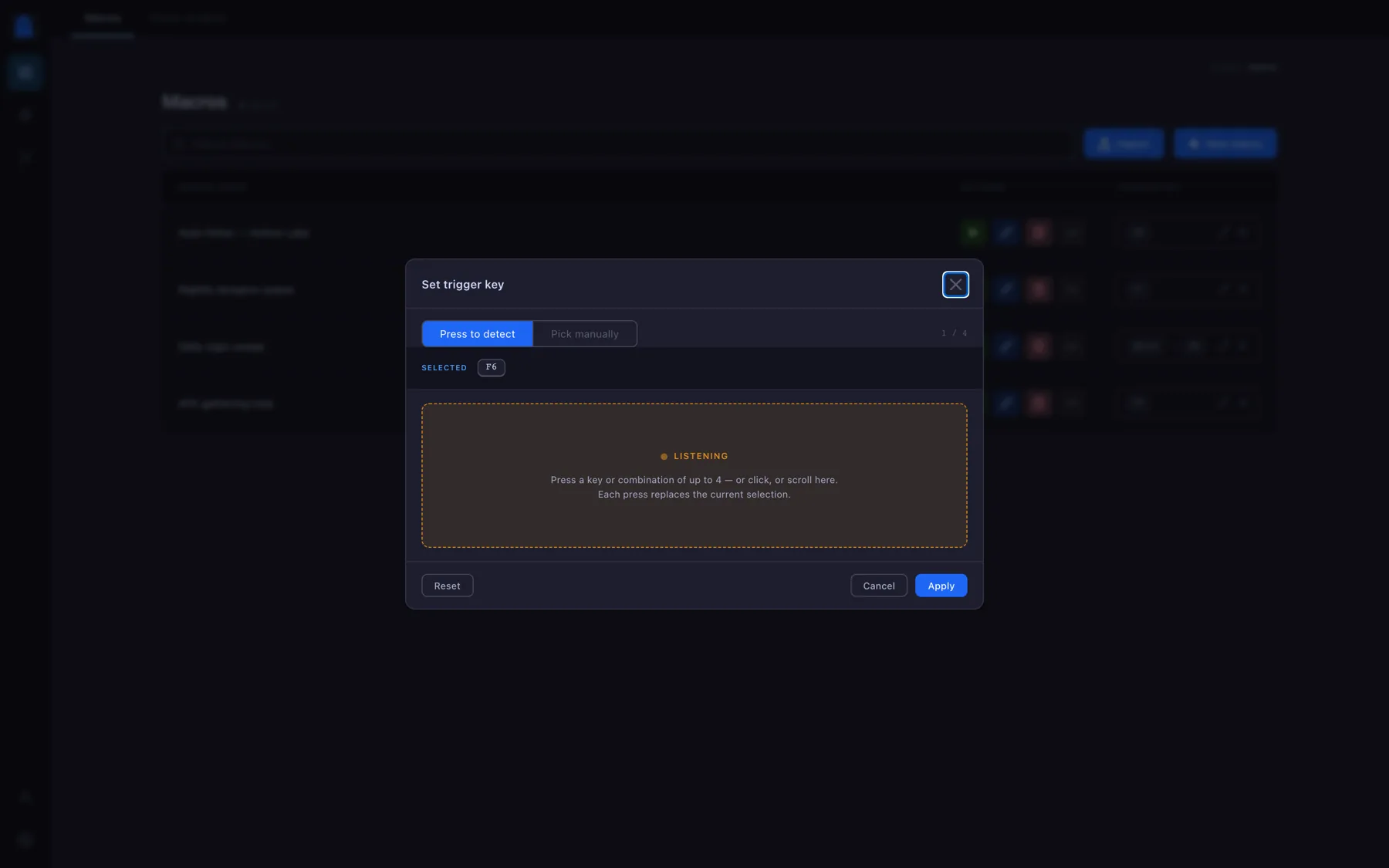 The trigger key picker, capturing a key combo