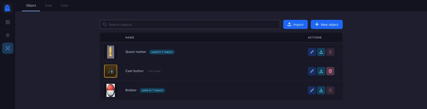 The object list, with three saved objects and their usage badges