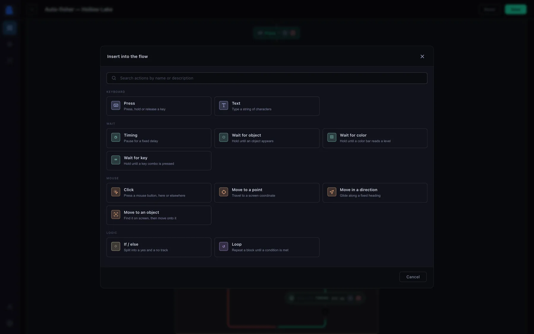 The node palette, grouped into Keyboard, Wait, Mouse and Logic