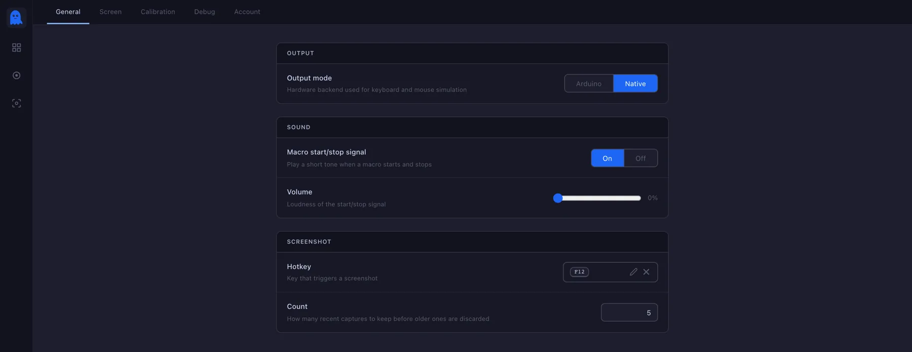 General settings: output mode, sound and screenshot options