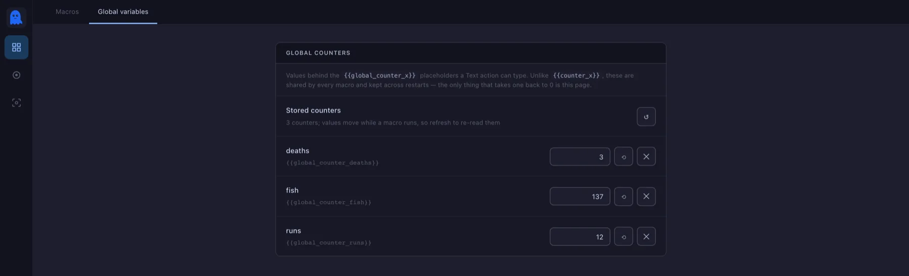 The Global variables page listing three counters with their values