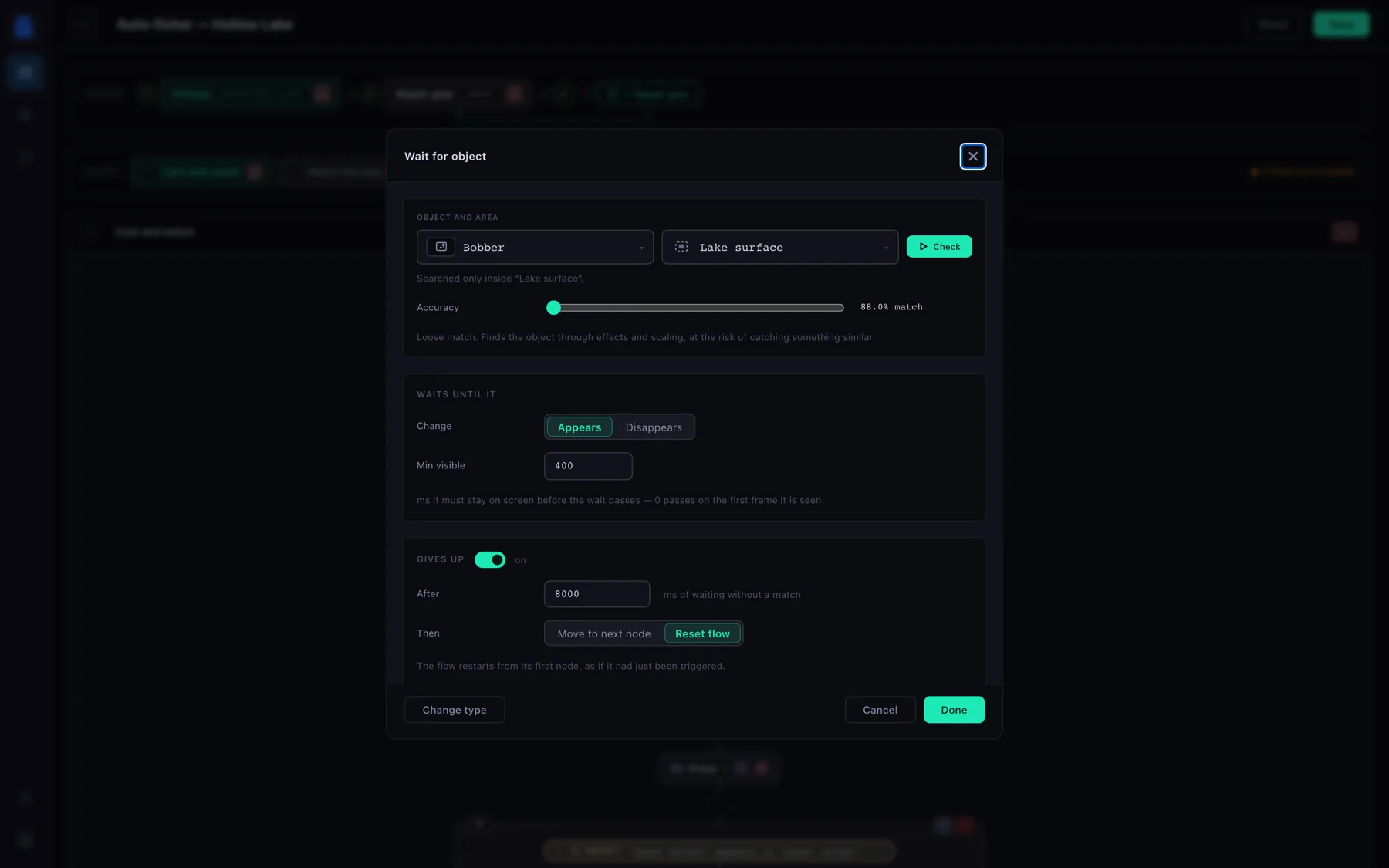 The Wait for object dialog: object, area, accuracy, appears or disappears, min visible, and a give-up section